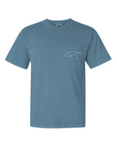 Front of Icy Blue Tee with small white Beluga Whale outline on chest.