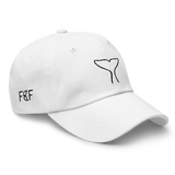 Side view of Beluga Fluke Dad Hat with F&F on the side.