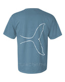 Back of Icy Blue Humpback Tail Tee with white Humpback Tail outline