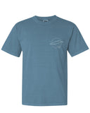 Front of Icy Blue Tee with small white Minke Whale outline on chest.