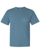 Front of Icy Blue Tee with small white Narwhal Whale outline on chest.
